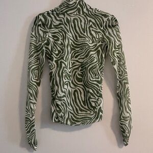 Cinq à Sept Green and White Zebra Mesh Ruched Going Out Top